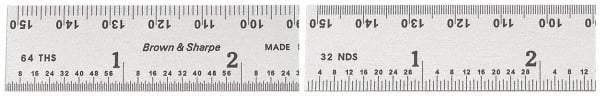 TESA Brown & Sharpe - 6" Long, 1/64, 1/32" and 0.5, 1mm Graduation, Rigid Steel Rule - English/Metric Graduation Style, 3/4" Wide, Silver, Satin Chrome Finish - Americas Industrial Supply