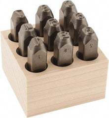 C.H. Hanson - 9 Piece, 3/8" Character Steel Stamp Set - Figures, Low Stress Round Face Full - Americas Industrial Supply