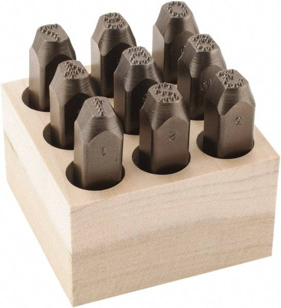 C.H. Hanson - 9 Piece, 3/8" Character Steel Stamp Set - Figures, Low Stress Round Face Dot - Americas Industrial Supply