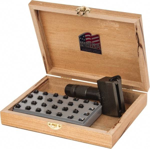 C.H. Hanson - 51 Piece, 1/8 Inch Character, Steel Type Set - 15 Character Capacity, Letter Set A-Z, Number Set 0-9, Dash, 3 Blank Spacers, Ea of 1-9, A, E and Wood Box with Plastic Insert - Americas Industrial Supply