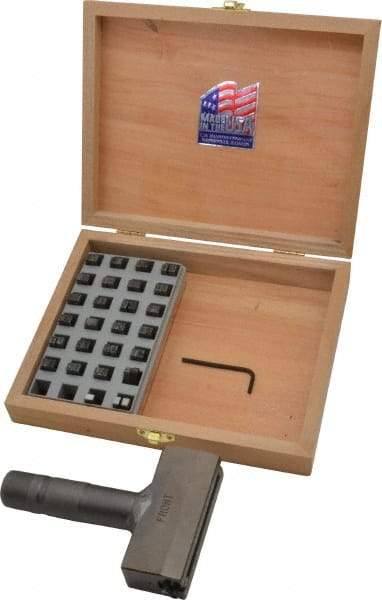 C.H. Hanson - 51 Piece, 3/16 Inch Character, Steel Type Set - 10 Character Capacity, Letter Set A-Z, Number Set 0-9, Dash, 3 Blank Spacers, Ea of 1-9, A, E and Wood Box with Plastic Insert - Americas Industrial Supply