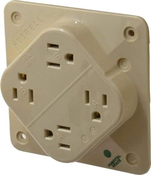 Hubbell Wiring Device-Kellems - 125 VAC, 15 Amp, 5-15R NEMA Configuration, Ivory, Hospital Grade, Self Grounding Fourplex Receptacle - 1 Phase, 2 Poles, 3 Wire, Flush Mount, Impact Resistant - Americas Industrial Supply