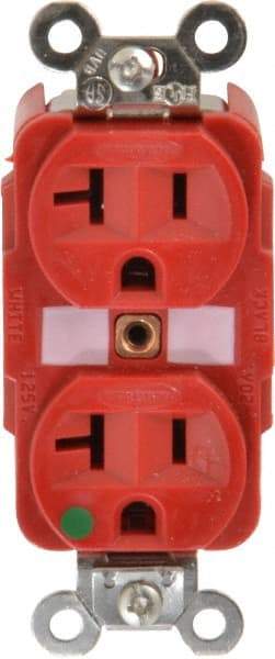 Hubbell Wiring Device-Kellems - 125 VAC, 20 Amp, 5-20R NEMA Configuration, Red, Hospital Grade, Self Grounding Duplex Receptacle - 1 Phase, 2 Poles, 3 Wire, Flush Mount, Tamper Resistant - Americas Industrial Supply