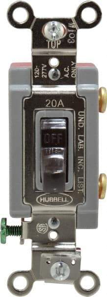 Hubbell Wiring Device-Kellems - 1 Pole, 120 to 277 VAC, 20 Amp, Industrial Grade, Toggle, Wall and Dimmer Light Switch - 1-5/16 Inch Wide x 4-1/16 Inch High - Americas Industrial Supply