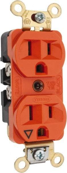 Hubbell Wiring Device-Kellems - 125 VAC, 15 Amp, 5-15R NEMA Configuration, Orange, Specification Grade, Isolated Ground Duplex Receptacle - 1 Phase, 2 Poles, 3 Wire, Flush Mount, Corrosion, Heat and Impact Resistant - Americas Industrial Supply