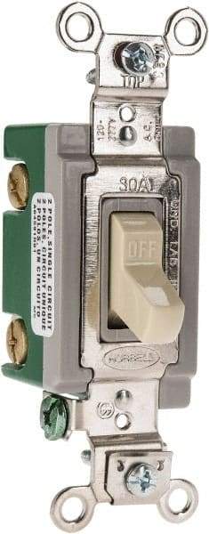 Hubbell Wiring Device-Kellems - 2 Pole, 120 to 277 VAC, 30 Amp, Industrial Grade, Toggle, Wall and Dimmer Light Switch - 1-5/16 Inch Wide x 4-1/16 Inch High - Americas Industrial Supply