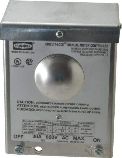 Hubbell Wiring Device-Kellems - 2 Poles, 30 Amp, 3R NEMA, Enclosed Pushbutton Manual Motor Starter - 111.8mm Wide x 83.3mm Deep x 140.2mm High, 15 hp, CSA Certified, NEMA 3R & UL Listed - Americas Industrial Supply