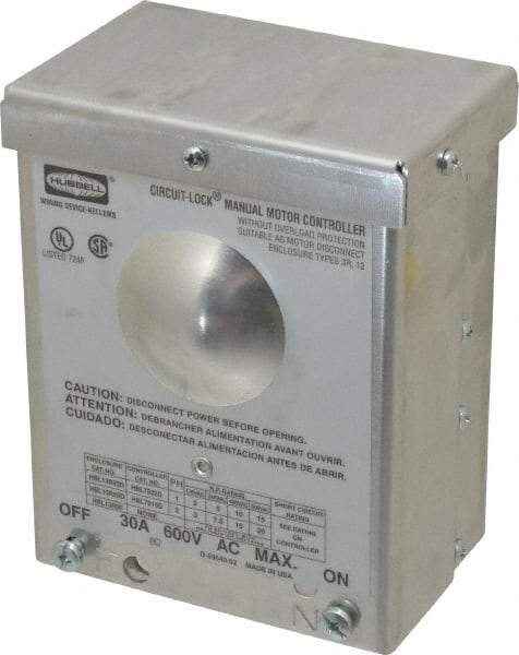 Hubbell Wiring Device-Kellems - 3 Poles, 30 Amp, 3R NEMA, Enclosed Pushbutton Manual Motor Starter - 111.8mm Wide x 83.3mm Deep x 140.2mm High, 20 hp, CSA Certified, NEMA 3R & UL Listed - Americas Industrial Supply