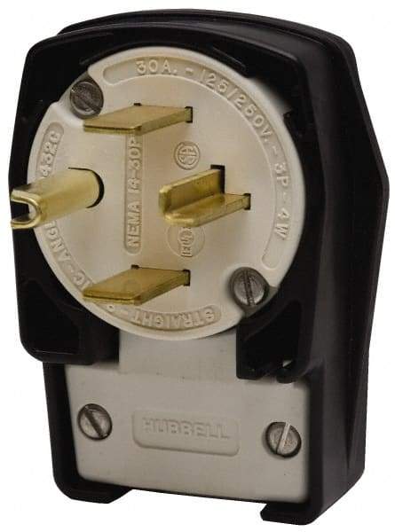 Hubbell Wiring Device-Kellems - 250 VAC, 30 Amp, 15-30P NEMA, Angled, Self Grounding, Commercial, Industrial Grade Plug - 3 Pole, 4 Wire, 3 Phase, 3 hp, Nylon, Black, White - Americas Industrial Supply