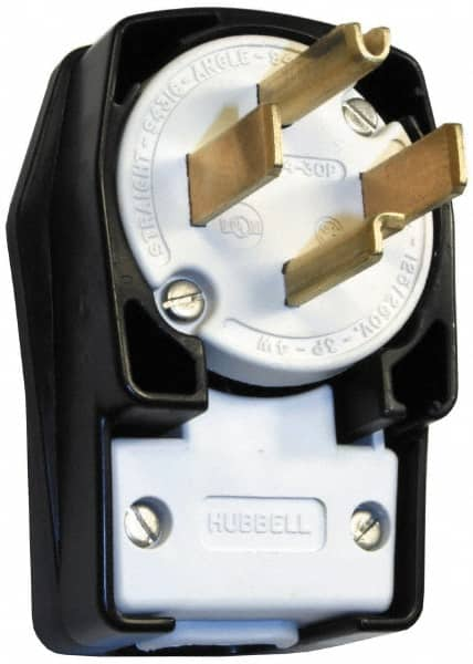 Hubbell Wiring Device-Kellems - 125/250 VAC, 30 Amp, 14-30P NEMA, Angled, Self Grounding, Commercial, Industrial Grade Plug - 3 Pole, 4 Wire, 1 Phase, 2 hp, Nylon, Black, White - Americas Industrial Supply