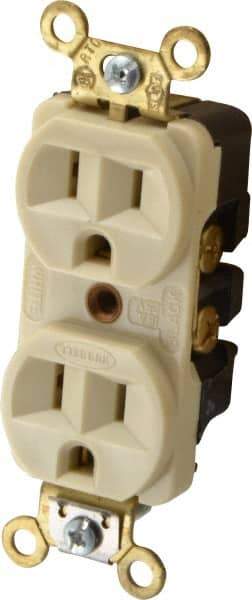 Hubbell Wiring Device-Kellems - 125 VAC, 15 Amp, 5-15R NEMA Configuration, Ivory, Industrial Grade, Self Grounding Duplex Receptacle - 1 Phase, 2 Poles, 3 Wire, Flush Mount, Corrosion, Heat and Impact Resistant - Americas Industrial Supply