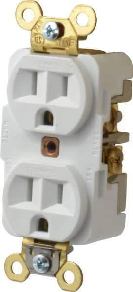 Hubbell Wiring Device-Kellems - 125 VAC, 15 Amp, 5-15R NEMA Configuration, White, Specification Grade, Self Grounding Duplex Receptacle - 1 Phase, 2 Poles, 3 Wire, Flush Mount, Corrosion, Heat and Impact Resistant - Americas Industrial Supply