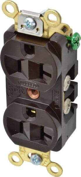 Hubbell Wiring Device-Kellems - 125 VAC, 20 Amp, 5-20R NEMA Configuration, Brown, Industrial Grade, Self Grounding Duplex Receptacle - 1 Phase, 2 Poles, 3 Wire, Flush Mount, Corrosion, Heat and Impact Resistant - Americas Industrial Supply