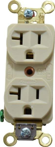 Hubbell Wiring Device-Kellems - 125 VAC, 20 Amp, 5-20R NEMA Configuration, Ivory, Industrial Grade, Self Grounding Duplex Receptacle - 1 Phase, 2 Poles, 3 Wire, Flush Mount, Corrosion, Heat and Impact Resistant - Americas Industrial Supply