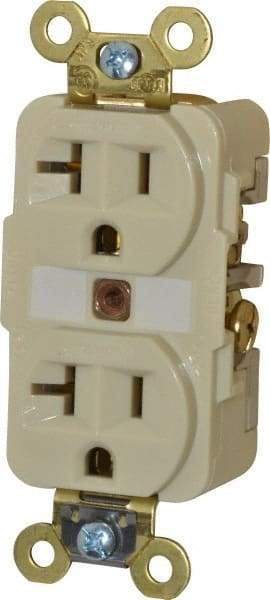 Hubbell Wiring Device-Kellems - 125 VAC, 20 Amp, 5-20R NEMA Configuration, Ivory, Specification Grade, Self Grounding Duplex Receptacle - 1 Phase, 2 Poles, 3 Wire, Flush Mount, Corrosion, Heat and Impact Resistant - Americas Industrial Supply