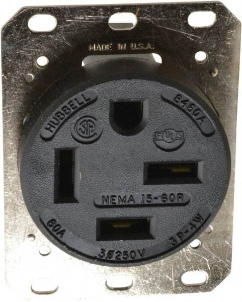 Hubbell Wiring Device-Kellems - 250 VAC, 60 Amp, 15-60R NEMA Configuration, Black, Industrial Grade, Self Grounding Single Receptacle - 1 Phase, 3 Poles, 4 Wire, Flush Mount - Americas Industrial Supply