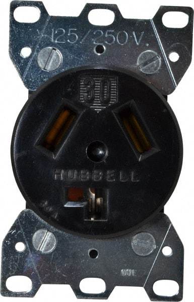 Hubbell Wiring Device-Kellems - 125/250 VAC, 30 Amp, 10-30R NEMA Configuration, Black/White, Industrial Grade, Self Grounding Single Receptacle - 1 Phase, 3 Poles, 3 Wire, Flush Mount - Americas Industrial Supply