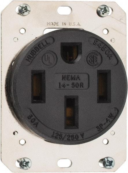 Hubbell Wiring Device-Kellems - 125/250 VAC, 50 Amp, 14-50R NEMA Configuration, Black, Industrial Grade, Self Grounding Single Receptacle - 1 Phase, 3 Poles, 4 Wire, Flush Mount - Americas Industrial Supply