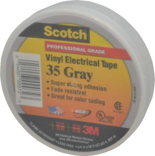 3M - 3/4" x 66', Gray Vinyl Electrical Tape - Series 35, 7 mil Thick, 1,250 V/mil Dielectric Strength, 17 Lb./Inch Tensile Strength - Americas Industrial Supply