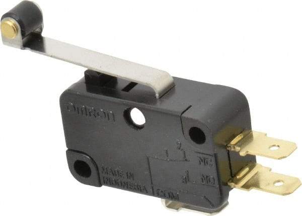 Omron - 0.6 Amp at 125 VDC, 0.3 Amp at 250 VDC, 10 Amp at 250 VAC, SPDT, Hinge Roller Lever, General Purpose Snap Action Switch - 250 VAC, Quick Connect Terminal, 4.4 Ounce Max Operating Force, 18.8mm High x 37.8mm Long x 10.3mm Wide, -13 to 176°F - Americas Industrial Supply