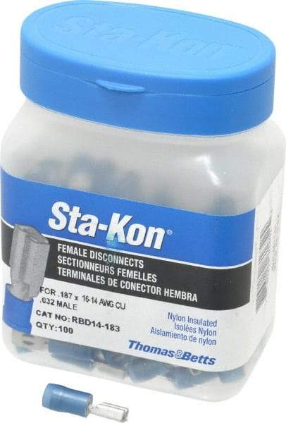 Thomas & Betts - 16 to 14 AWG, Nylon, Fully Insulated, Female Wire Disconnect - 3/16 Inch Wide Tab, Blue, CSA Certified, RoHS Compliant, UL 94 V-2, UL File E66716, UL Listed - Americas Industrial Supply