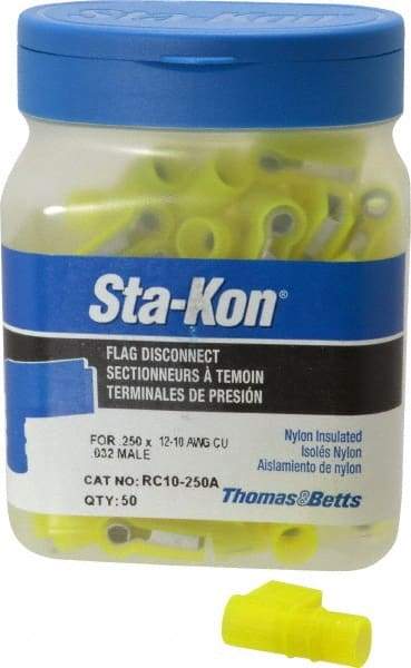 Thomas & Betts - 12 to 10 AWG, Nylon, Fully Insulated, Female Wire Disconnect - 1/4 Inch Wide Tab, Yellow, CSA Certified, RoHS Compliant, UL 94 V-0, UL File E66716, UL Listed - Americas Industrial Supply