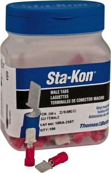 Thomas & Betts - 22 to 18 AWG, Vinyl, Fully Insulated, Male Wire Disconnect - 1/4 Inch Wide Tab, Red, CSA Certified, RoHS Compliant, UL 94 V-0, UL File E66716, UL Listed - Americas Industrial Supply