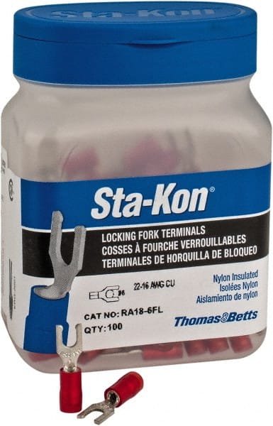 Thomas & Betts - #6 Stud, 22 to 16 AWG Compatible, Partially Insulated, Crimp Connection, Locking Fork Terminal - Americas Industrial Supply