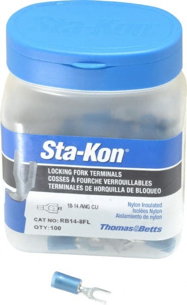 Thomas & Betts - #8 Stud, 18 to 14 AWG Compatible, Partially Insulated, Crimp Connection, Locking Fork Terminal - Americas Industrial Supply