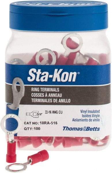 Thomas & Betts - 22-16 AWG Partially Insulated Crimp Connection D Shaped Ring Terminal - 5/16" Stud, 1.13" OAL x 1/2" Wide, Tin Plated Copper Contact - Americas Industrial Supply