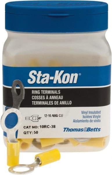 Thomas & Betts - 12-10 AWG Partially Insulated Crimp Connection D Shaped Ring Terminal - 3/8" Stud, 1.29" OAL x 0.59" Wide, Tin Plated Copper Contact - Americas Industrial Supply