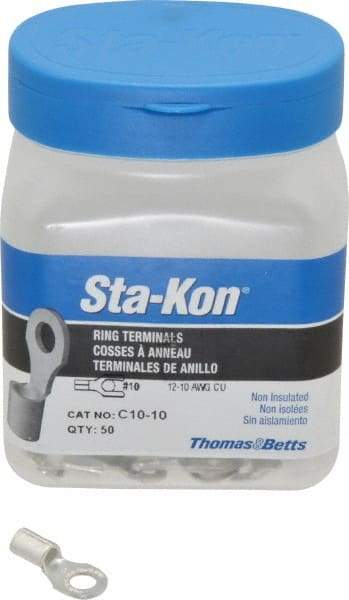 Thomas & Betts - 12-10 AWG Noninsulated Crimp Connection D Shaped Ring Terminal - #10 Stud, 0.85" OAL x 0.38" Wide, Tin Plated Copper Contact - Americas Industrial Supply