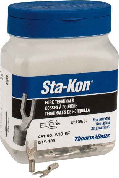 Thomas & Betts - #6 Stud, 22 to 16 AWG Compatible, Noninsulated, Crimp Connection, Standard Fork Terminal - Americas Industrial Supply