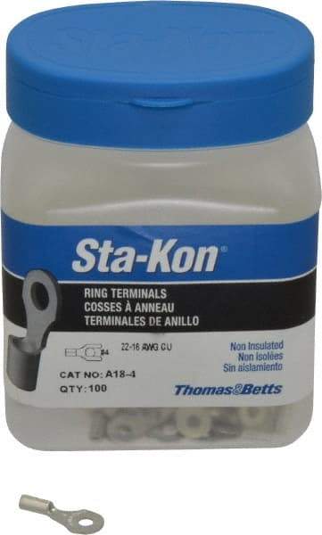 Thomas & Betts - 22-16 AWG Noninsulated Crimp Connection D Shaped Ring Terminal - #4 Stud, 3/4" OAL x 0.31" Wide, Tin Plated Copper Contact - Americas Industrial Supply