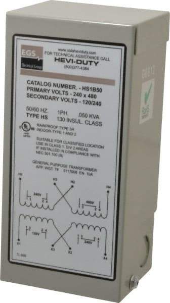 Sola/Hevi-Duty - 1 Phase, 240-480 Volt Input, 120/240 Volt Output, 60 Hz, 0.05 kVA, General Purpose Transformer - 4, 12, 3R, 4X NEMA Rating, 176°F Temp Rise, 4 Inch Wide x 3 Inch Deep x 6 Inch High, Indoor, Outdoor, Wall Mount - Americas Industrial Supply