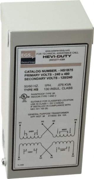 Sola/Hevi-Duty - 1 Phase, 240-480 Volt Input, 120/240 Volt Output, 60 Hz, 0.08 kVA, General Purpose Transformer - 4, 12, 3R, 4X NEMA Rating, 176°F Temp Rise, 4 Inch Wide x 3 Inch Deep x 6 Inch High, Indoor, Outdoor, Wall Mount - Americas Industrial Supply