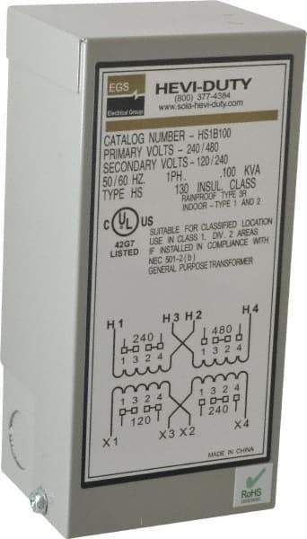 Sola/Hevi-Duty - 1 Phase, 240-480 Volt Input, 120/240 Volt Output, 60 Hz, 0.1 kVA, General Purpose Transformer - 4, 12, 3R, 4X NEMA Rating, 176°F Temp Rise, 4 Inch Wide x 3 Inch Deep x 6 Inch High, Indoor, Outdoor, Wall Mount - Americas Industrial Supply