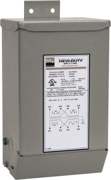 Sola/Hevi-Duty - 1 Phase, 240-480 Volt Input, 120/240 Volt Output, 60 Hz, 0.5 kVA, General Purpose Transformer - 4, 12, 3R, 4X NEMA Rating, 239°F Temp Rise, 6 Inch Wide x 5 Inch Deep x 10 Inch High, Indoor, Outdoor, Wall Mount - Americas Industrial Supply
