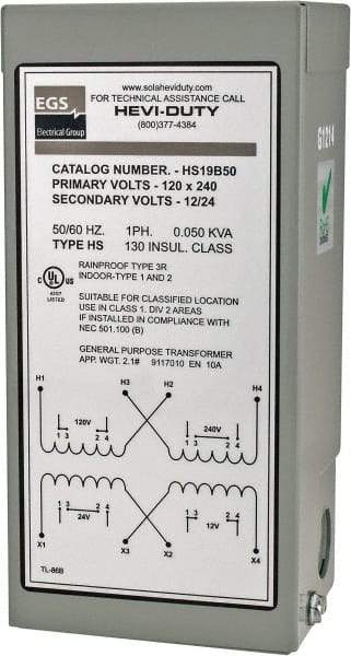 Sola/Hevi-Duty - 120/240 Input Volt, 12/24 Output Volt, 60 Hz, Buck Boost Transformer - 1 Phase, 4 Inch Wide x 3 Inch Deep x 6 Inch High, cULus Listed E77014 - Americas Industrial Supply