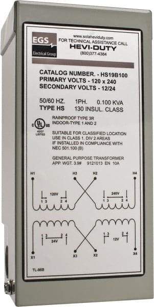 Sola/Hevi-Duty - 120/240 Input Volt, 12/24 Output Volt, 60 Hz, Buck Boost Transformer - 1 Phase, 4 Inch Wide x 3 Inch Deep x 6 Inch High, cULus Listed E77014 - Americas Industrial Supply