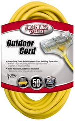 Southwire - 50', 12/3 Gauge/Conductors, Yellow Indoor & Outdoor Extension Cord - 1 Receptacle, 15 Amps, 125 VAC, UL SJTW-A, NEMA 5-15P, 5-15R x 3 - Americas Industrial Supply