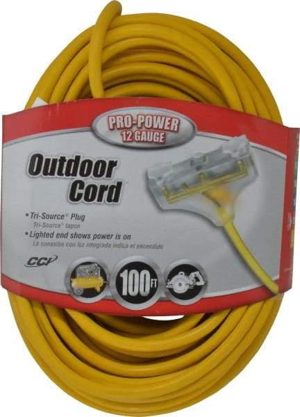 Southwire - 100', 12/3 Gauge/Conductors, Yellow Indoor & Outdoor Extension Cord - 1 Receptacle, 15 Amps, 125 VAC, UL SJTW-A, NEMA 5-15P, 5-15R x 3 - Americas Industrial Supply