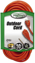 Southwire - 50', 16/3 Gauge/Conductors, Orange Indoor & Outdoor Extension Cord - 1 Receptacle, 13 Amps, 125 VAC, UL SJTW, NEMA 5-15P, 5-15R - Americas Industrial Supply