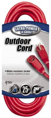 Southwire - 25', 14/3 Gauge/Conductors, Red Indoor & Outdoor Extension Cord - 1 Receptacle, 15 Amps, 125 VAC, UL SJTW, NEMA 5-15P, 5-15R - Americas Industrial Supply