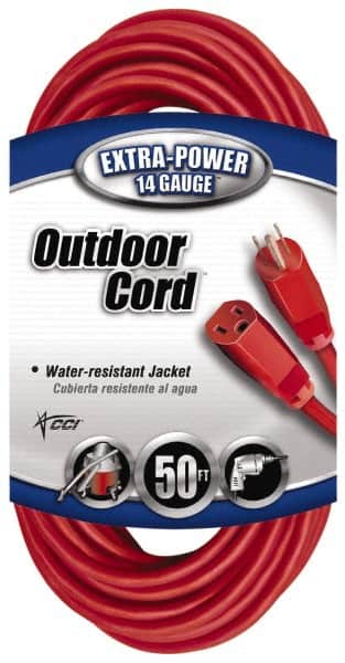 Southwire - 50', 14/3 Gauge/Conductors, Red Indoor & Outdoor Extension Cord - 1 Receptacle, 15 Amps, 125 VAC, UL SJTW, NEMA 5-15P, 5-15R - Americas Industrial Supply