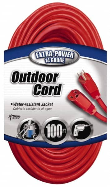 Southwire - 100', 14/3 Gauge/Conductors, Red Indoor & Outdoor Extension Cord - 1 Receptacle, 13 Amps, 125 VAC, UL SJTW, NEMA 5-15P, 5-15R - Americas Industrial Supply