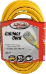 Southwire - 25', 12/3 Gauge/Conductors, Yellow Indoor & Outdoor Extension Cord - 1 Receptacle, 15 Amps, 125 VAC, UL SJTW, NEMA 5-15P, 5-15R - Americas Industrial Supply