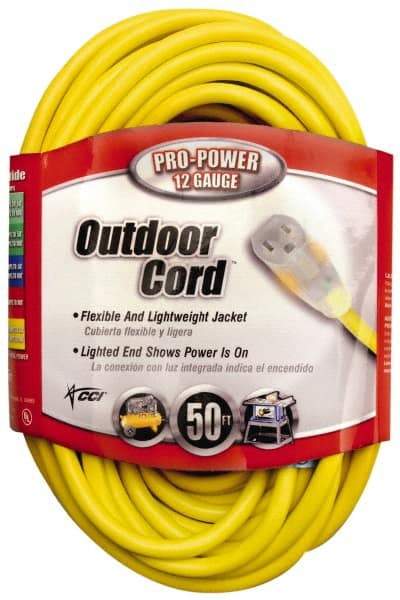 Southwire - 50', 12/3 Gauge/Conductors, Yellow Indoor & Outdoor Extension Cord - 1 Receptacle, 15 Amps, 125 VAC, UL SJTW, NEMA 5-15P, 5-15R - Americas Industrial Supply