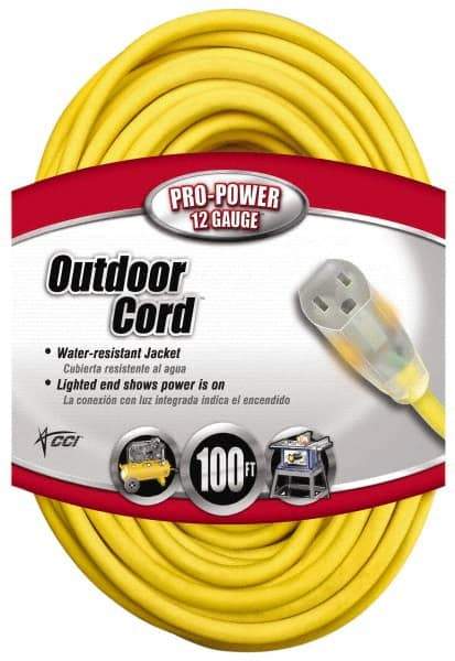 Southwire - 100', 12/3 Gauge/Conductors, Yellow Indoor & Outdoor Extension Cord - 1 Receptacle, 15 Amps, 125 VAC, UL SJTW, NEMA 5-15P, 5-15R - Americas Industrial Supply