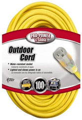 Southwire - 100', 12/3 Gauge/Conductors, Yellow Indoor & Outdoor Extension Cord - 1 Receptacle, 15 Amps, 125 VAC, UL SJTW, NEMA 5-15P, 5-15R - Americas Industrial Supply